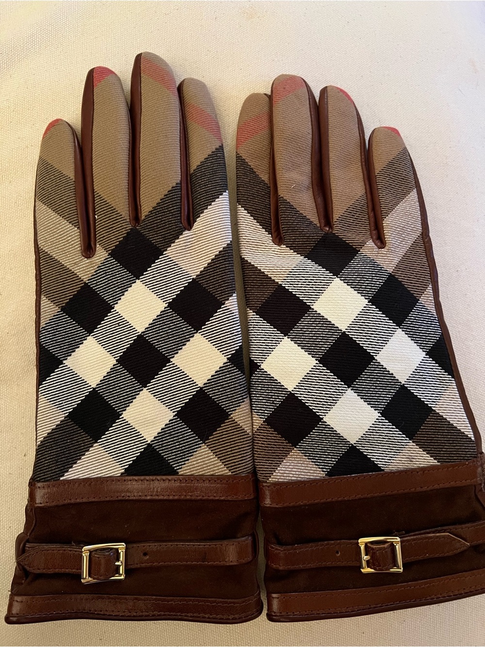 Burberry Leather-Trim Gloves in Brown, Black, Cream